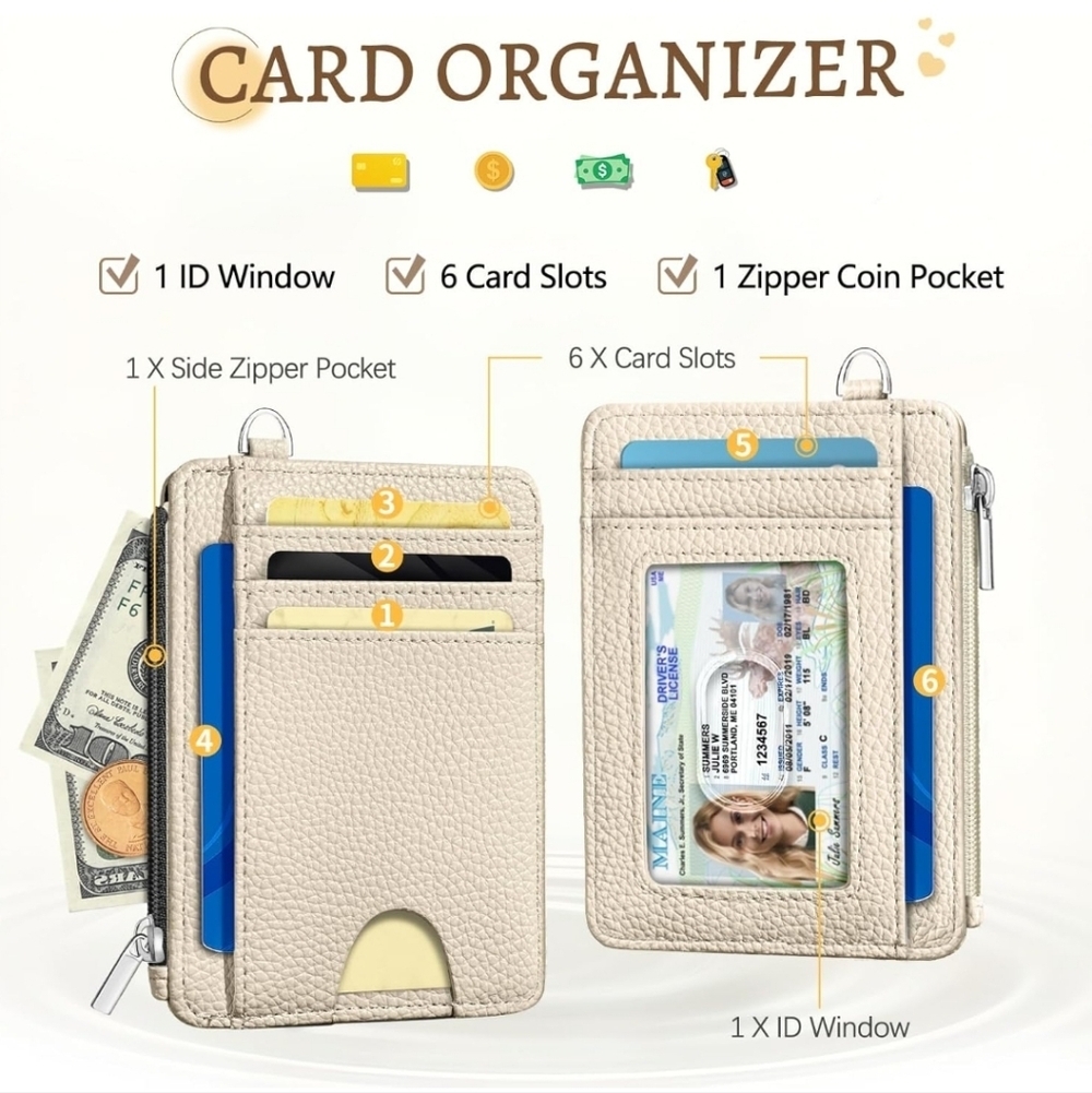 Beige Card Organizer with ID Window and Zipper Pocket